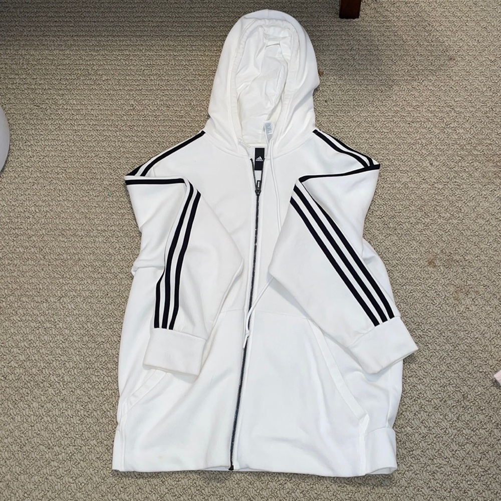 White Adidas Zip-up jacket with black stripes. XL